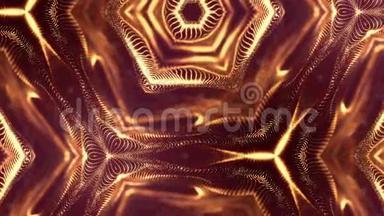 金色可循环的抽象粒子背景，具有景深，灯光和数字元素的闪光。 波浪
